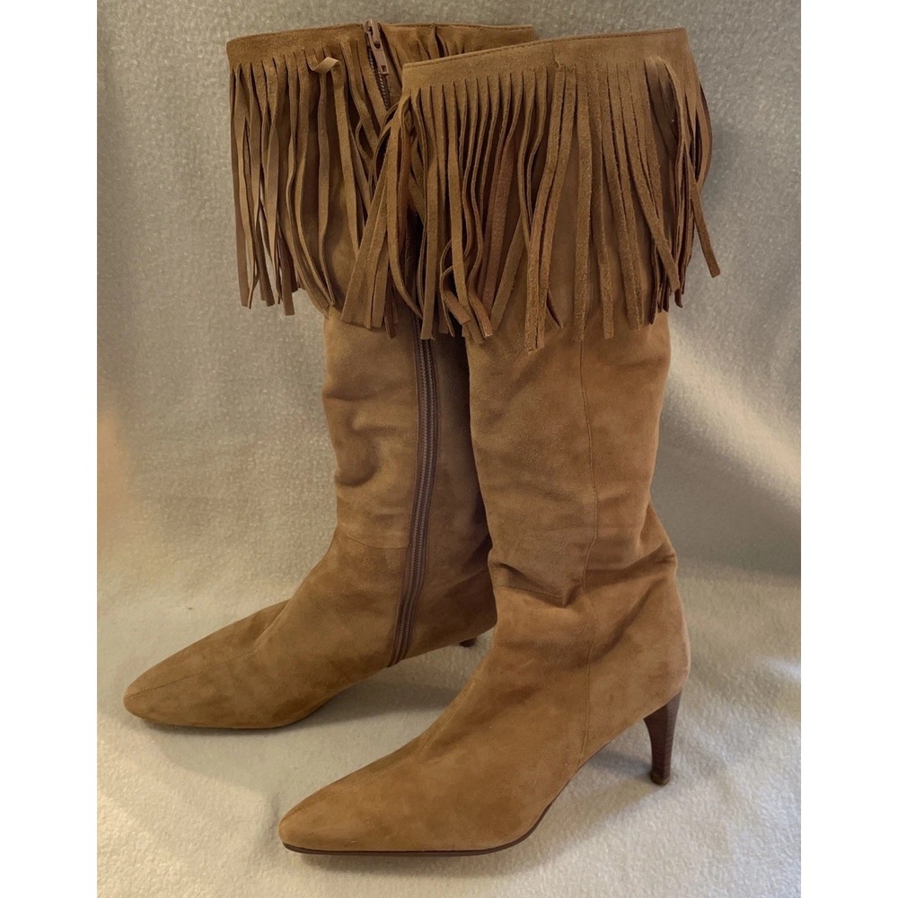 Amanda Smith Tall Boho Boots Fringe High Heel Camel Suede Size 6 Womens Festival